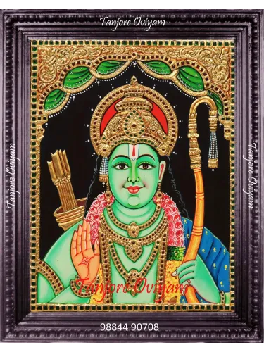 Handcrafted Ramar Tanjore Painting featuring Lord Rama in traditional South Indian art style with gold foil details